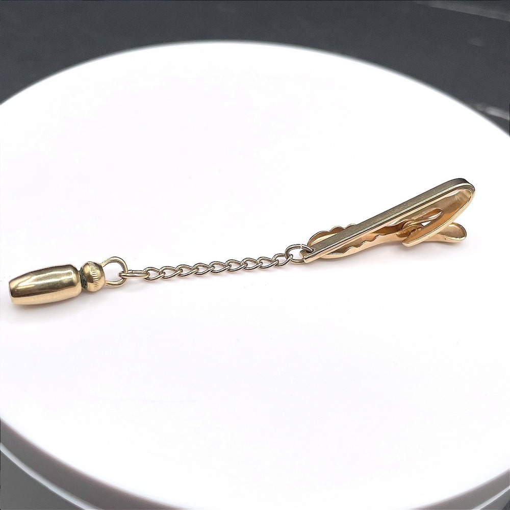 Vintage Tie‎ Bar Chain Clip Bullet Tip Gold Tone Minimalist Classic Men's wear